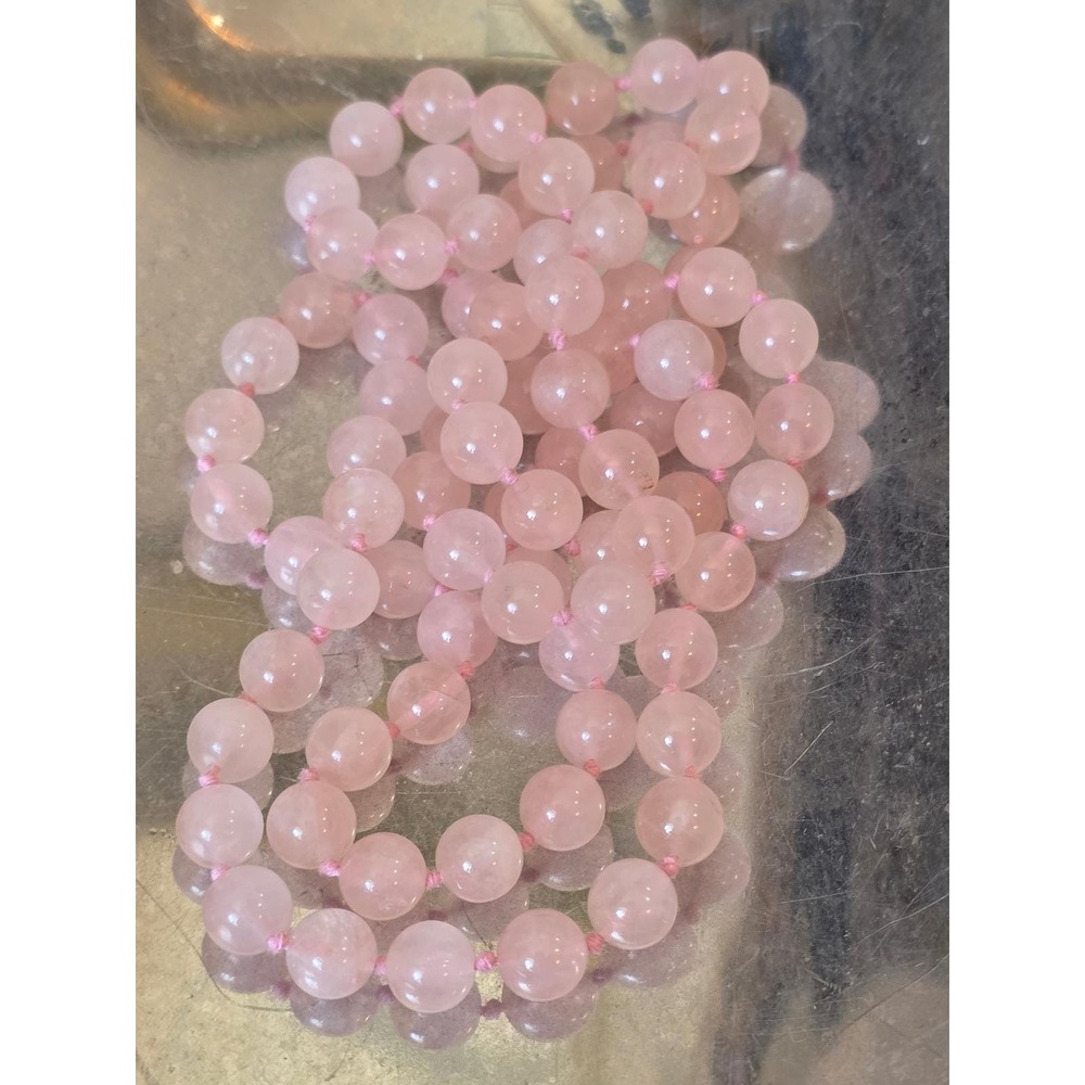 Vintage Hand Knotted Rose Quartz Beaded‎ Necklace 32" Pink Boho
